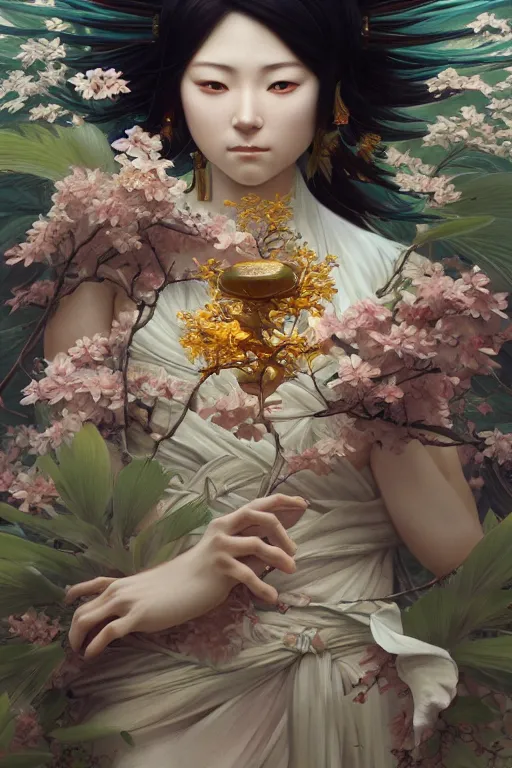 Prompt: Japanese goddess of nature, accurate anatomy, only two hands, highly detailed, digital painting, artstation, concept art, smooth, sharp focus, illustration, Unreal Engine 5, 8K, art by Ross Tran and greg rutkowski and alphonse Mucha