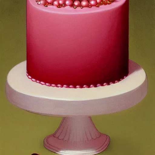Prompt: pink baroque cake with cherry painting by greg hildebrandt light background