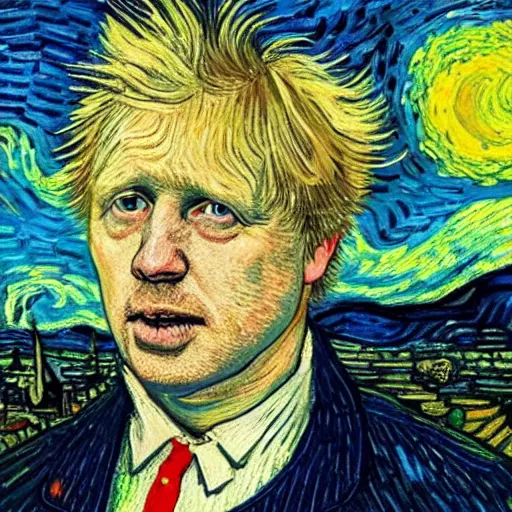 Prompt: detailed portrait of boris johnson on a bad hair day on a starry night painted by van gogh