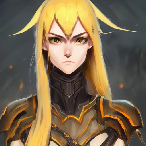 Image similar to a dark elf girl with yellow eyes and hair, ponytail, wearing armor, highly detailed, digital painting, artstation, matte, by makoto shinkai, animation style