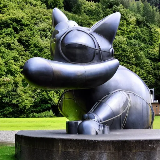 Prompt: picture of a giant mechanical cat sculpture standing above the Lake Léman, Geneva, Switzerland