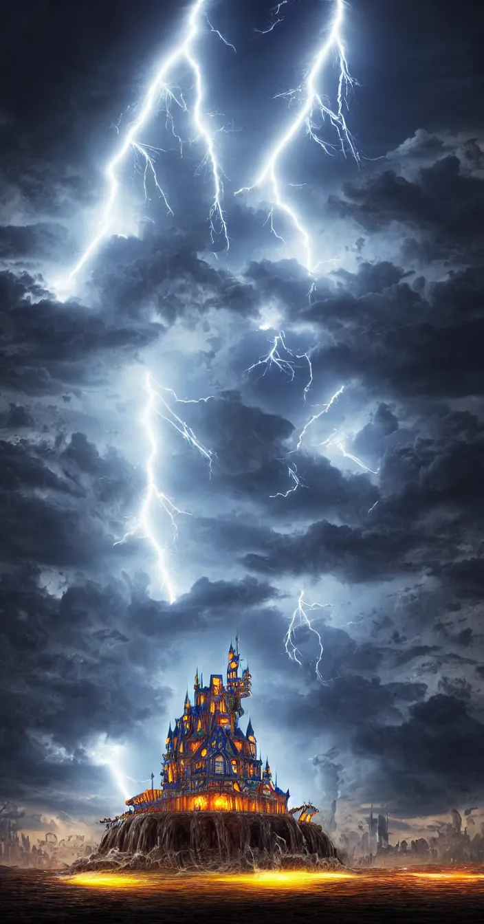 Prompt: realistic photo of lightening strike on futuristic big one castle, dark night background, sharp focus, wide angle shot, in the style of greg rutswoski, very hyper realistic, highly detailed, fantasy art station