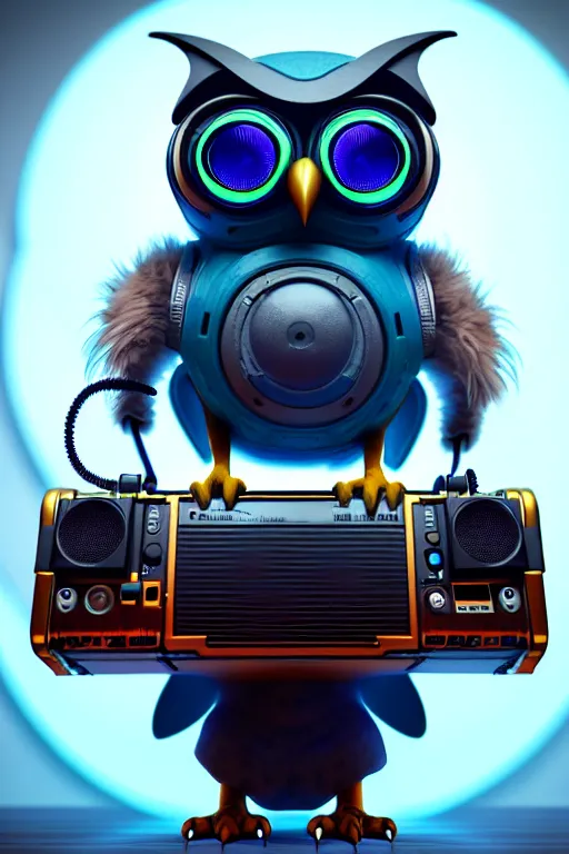 Image similar to high quality 3 d render very cute cyborg owl! with boombox!, cyberpunk highly detailed, unreal engine cinematic smooth, in the style of blade runner & detective pikachu, hannah yata charlie immer, moody light, low angle, uhd 8 k, sharp focus