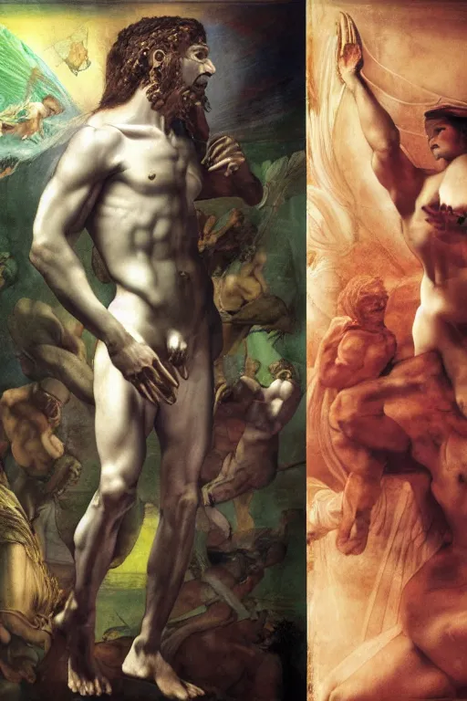 Image similar to by david lachapelle, by michelangelo, by ross tran, by da vinci, by giger, by greg rutkowksi