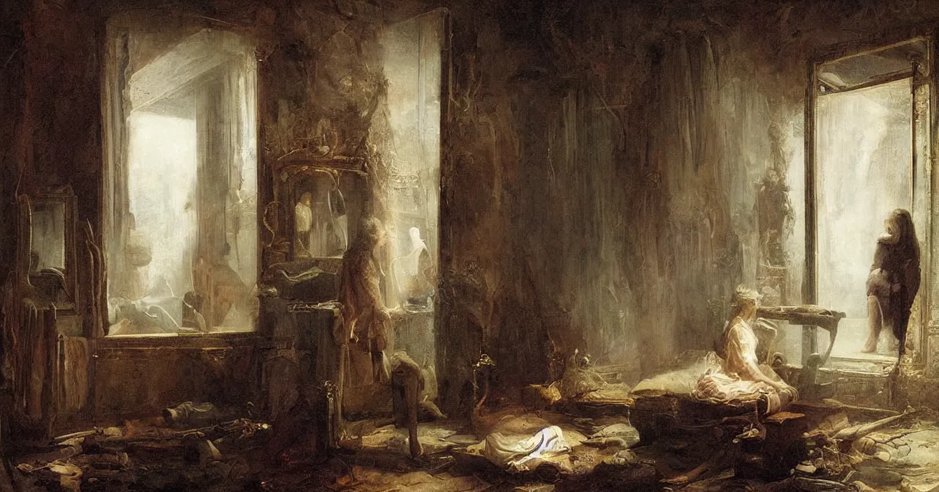 Image similar to secret world behind mirror with very deep stillness atmosphere, dimension of still moment, spiritual style, digital art, by augustus edwin mulready