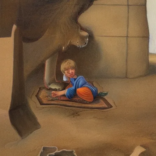 Image similar to a kid hidding under a chair from a lion in a post apolyptical desert, dramatic painting