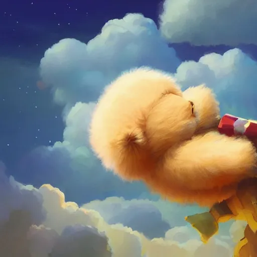 Prompt: a storybook of a teddy bear sleeping in the clouds, a storybook illustration by RHADS and Pu Hua, candy and rainbows, trending on cgsociety, pop surrealism, official art, detailed painting, artstation hd