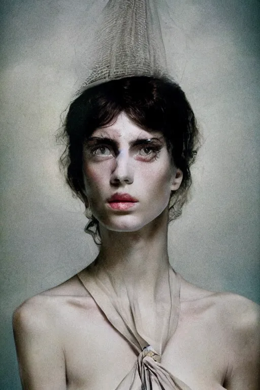 Image similar to hyperrealism close - up fashion portrait by roversi photo from the holy mountain by alejandro jodorowsky in style of francisco goya