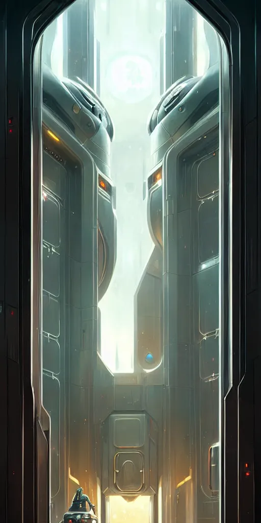 Image similar to hyper realistic art - deco sci - fi double door by jordan grimmer, darek zabrocki