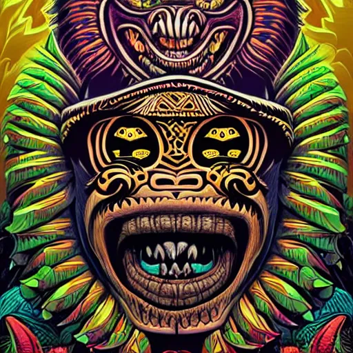 Prompt: barong family member with smiling face, happiness, wiwek, mara demon, one single tribe member, jungle, one single mask, dark, ancient warrior, gorilla, lizard, tribal, inner glow, art by dan mumford and justin gerard