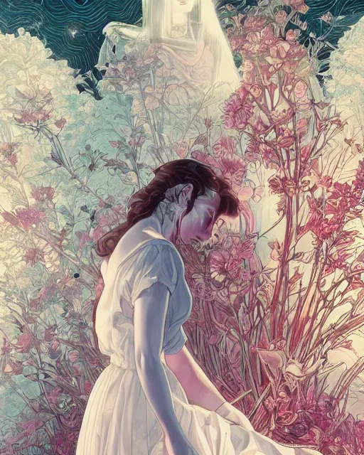 Image similar to a girl in a white dress depressed as she'll ever be, art poster, ambient lighting, detailed, by ayami kojima, makoto shinkai, kilian eng