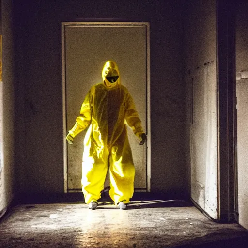 Image similar to a man wearing a yellow hazmat suit inside the very dark lighting empty unsettling creepy backrooms, liminal space, eerie mood, horror movie scene