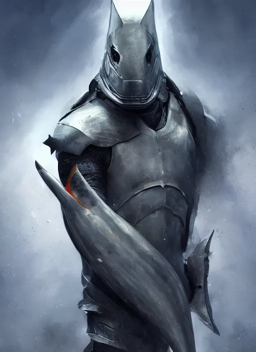 Image similar to digital painting of a human shark wearing knight armor, shark head, fantasy, portrait, scifi, realistic, detailed, concept art, ruan jia, wlop