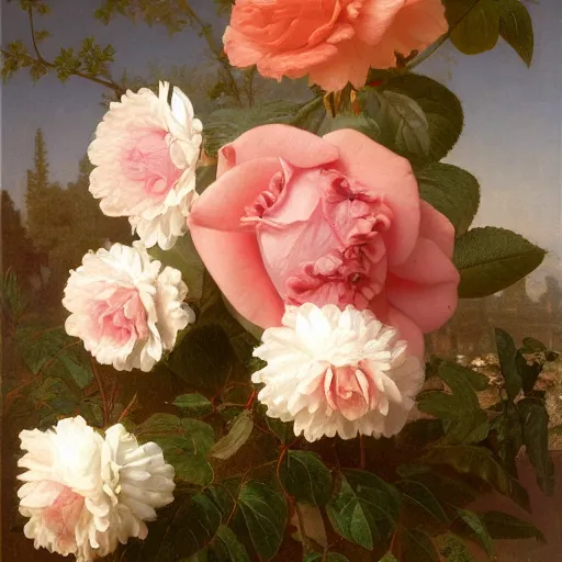 Prompt: A highly detailed and realistic rose, flourished, French Renaissance painting, still life, 4K, oil painting on canvas. By William Adolphe Bouguereau and Barret Frymire