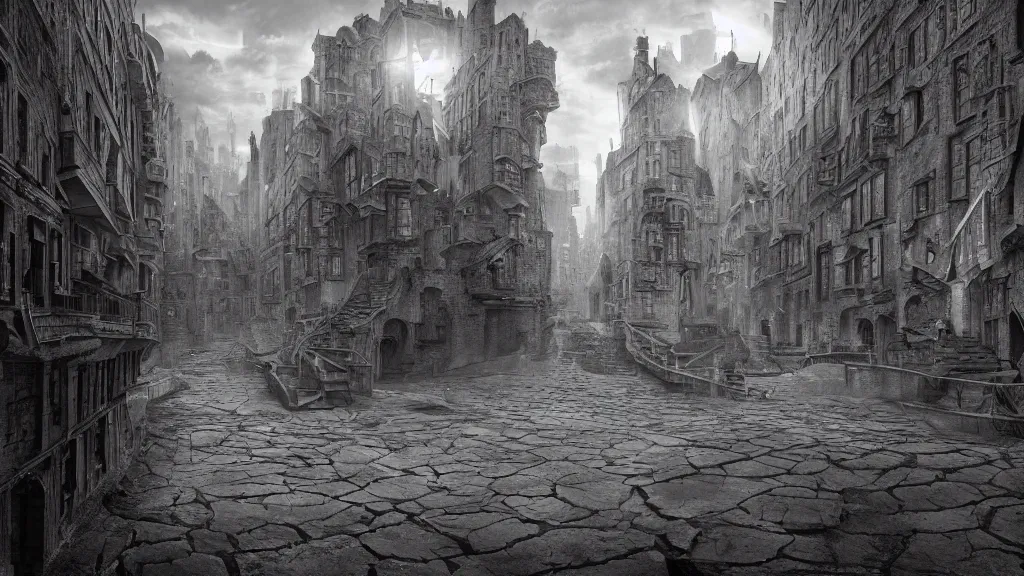 Image similar to a beautiful hyper realistic detailed matte painting of a a confusing place where the perspective is a broken concept, dramatic lighting, dynamic lighting, cinematic lighting, dynamic lighting, cinematic lighting, lit by morning light, by maurits cornelis escher, black and white, featured on artstation, ultrawide angle