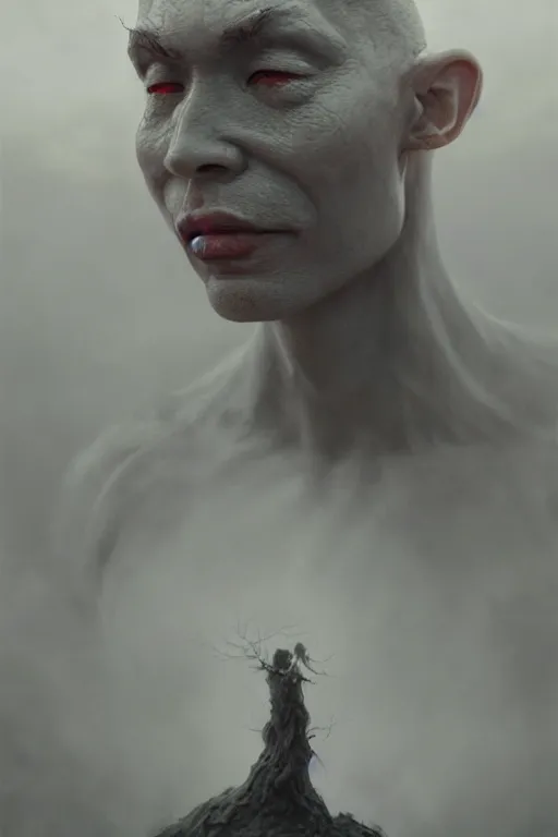 Prompt: Surreal portrait of a Shinigami god, fairy dust, photo realistic, highly detailed, mist, trending on artstation, ultra realistic, octane render by Gerald Brom and Zdzisław Beksiński