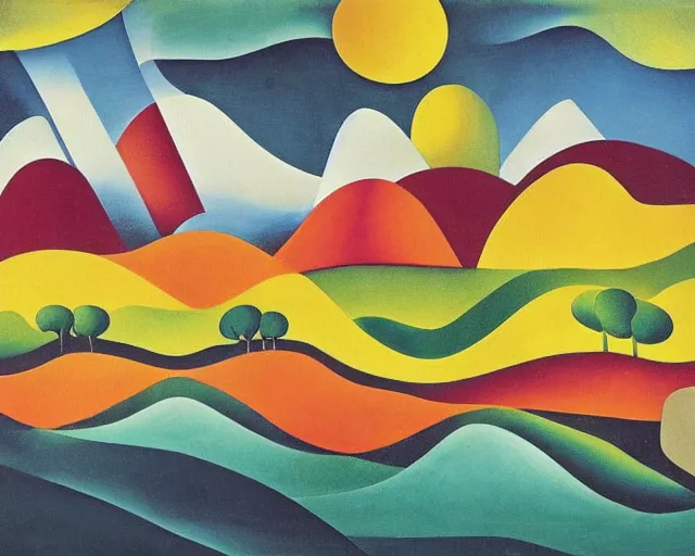 Image similar to An insane, modernist landscape painting. Wild energy patterns rippling in all directions. Curves, organic, zig-zags. Mountains. Clouds. Rushing water. Tarsila do Amaral.