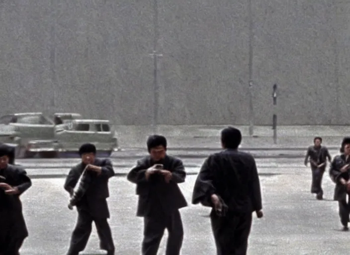 Image similar to kim jong - il clone army walking in 1 9 6 0 s pyongyang, epic thriller in the style of ghost in the shell by mamoru oshii, blur very realistic movie still, backlighting