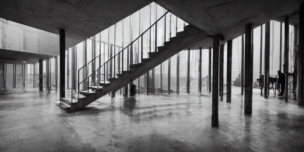 Prompt: staircase, brutalist, the parallax view, cinematic, atmospheric, shot on arri alexa