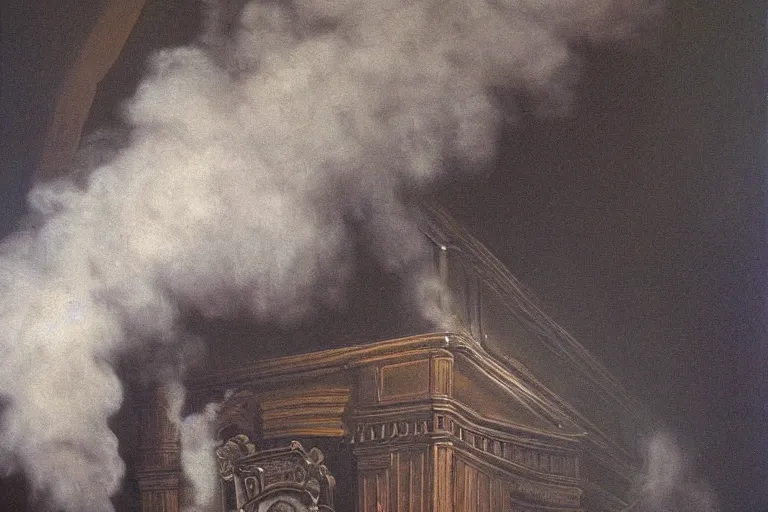 Image similar to pipe organ shape carved into dark smoke, high detail baroque oil painting