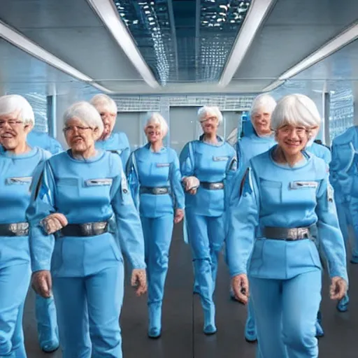 Image similar to troop of grannies with white bob hairdos, tight light blue neopren pilot suits, futuristic cloning facility, sci - fi, highly detailed, cinematic