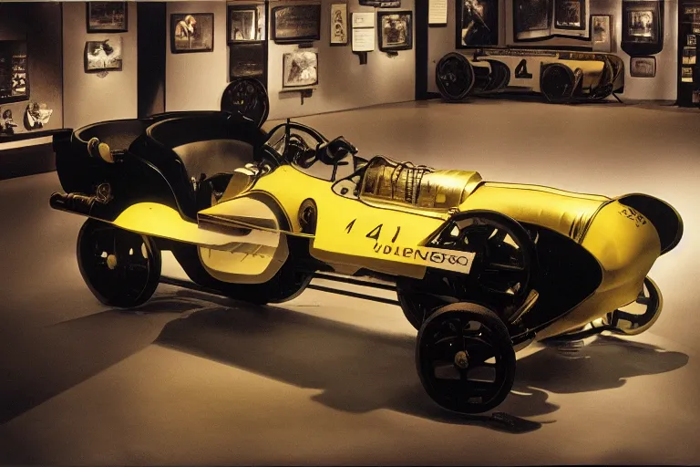 Image similar to cyberpunk 1 9 0 3 stanley steamer racecar, volumetric lighting, in a museum, museum exhibit, museum lighting, 9 0 s film photo