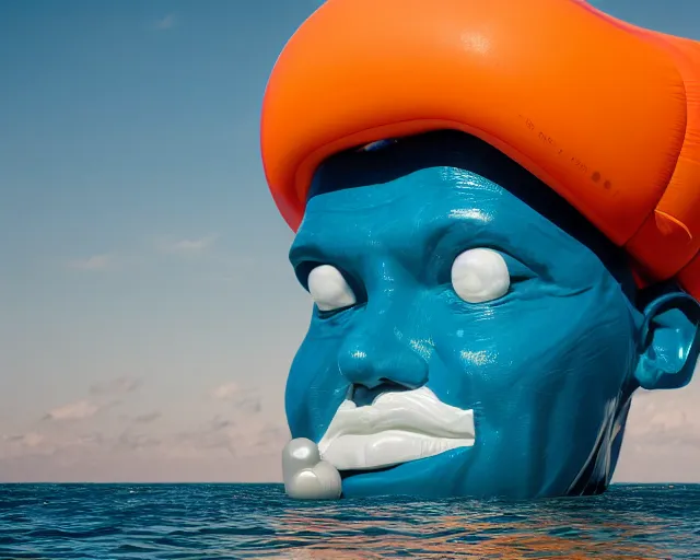 Image similar to a long shot of a giant award winning sculpture of a human head made out of a lot of inflatable pool toys, on the surface of the ocean, in the style of chad knight, hyper detailed, hyper realistic, ray tracing, 8 k resolution, sharp focus, realistic water