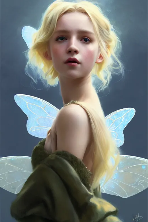 Image similar to cinematic shot of an epic portrait of a cute blonde fairy dressed in military clothes, stylised military clothes, large wings on back, shiny skin, beautiful, small details, realistic poster with volumetric light from jeremy lipkin and michael garmash, craig mallism, artgerm, unreal engine, radiant light, digital art, trends at art station, a masterpiece