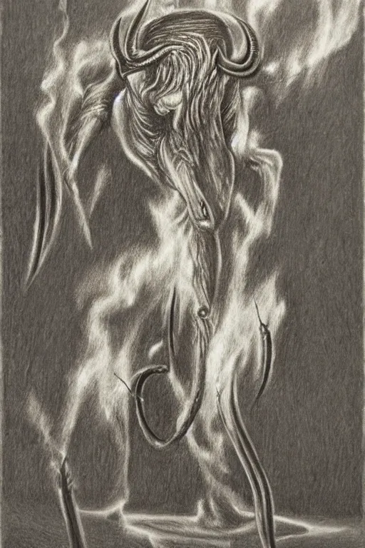 Prompt: pencil drawing of a flaming minotaur by norman ackroyd, h. r giger