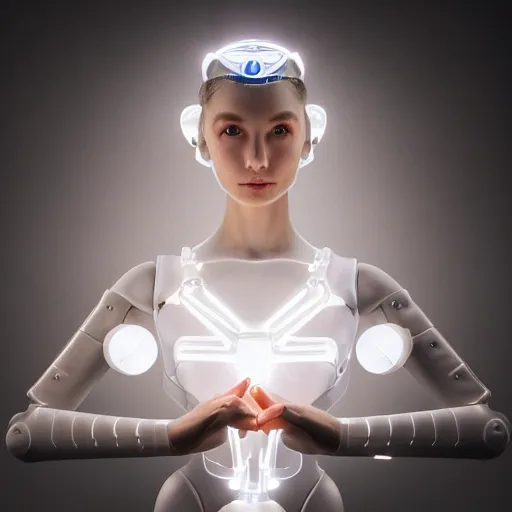 Prompt: beautiful centered fine art photo portrait of romantic beautiful girl as a solarpunk robotic humanoid, white mechanical parts with led lights, ballet pose, photorealistic, white background, highly detailed and intricate, soft box lighting, hdr 8 k