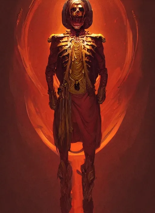 Image similar to A red Skeleton, golden crown, male, fantasy, extremely detailed, digital painting, artstation, concept art, smooth, sharp focus, illustration, stunning lighting, art by artgerm and greg rutkowski and alphonse mucha and simon stalenhag, realistic character concept, high fantasy, dark atmosphere, golden ratio, cinematic lighting, hyperdetailed, high resolution, insanely detailed and intricate, artstation, Marc Simonetti, Greg Rutkowski, 8k