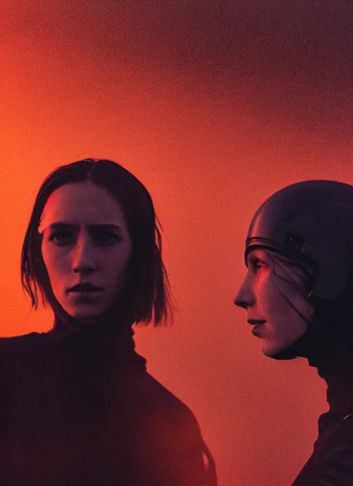 Image similar to cinestill 5 0 d photographic portrait of two loving female androids wearing rugged black techwear on a desolate plain with a red sky in front of a brutalist structure, extreme closeup, cyberpunk style, dust storm, 8 k, hd, high resolution, 3 5 mm, f / 3 2, ultra realistic faces, ex machina