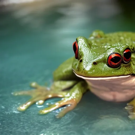 Image similar to An old photo of a sophisticated frog in a nice suit, he is chilling in a pool