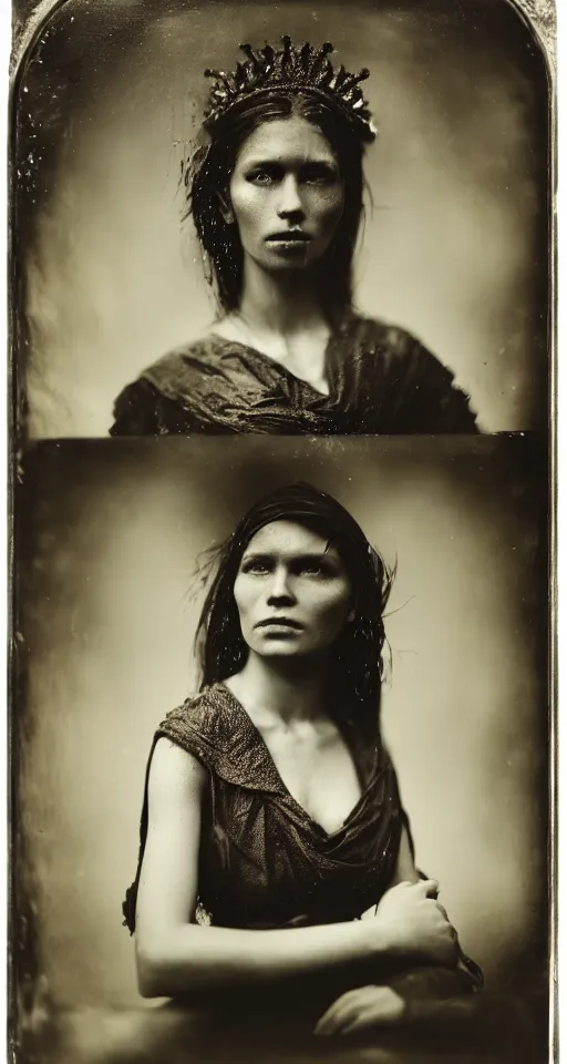 Image similar to a wet plate photograph, a portrait of a strikingly beautiful woman with regal features