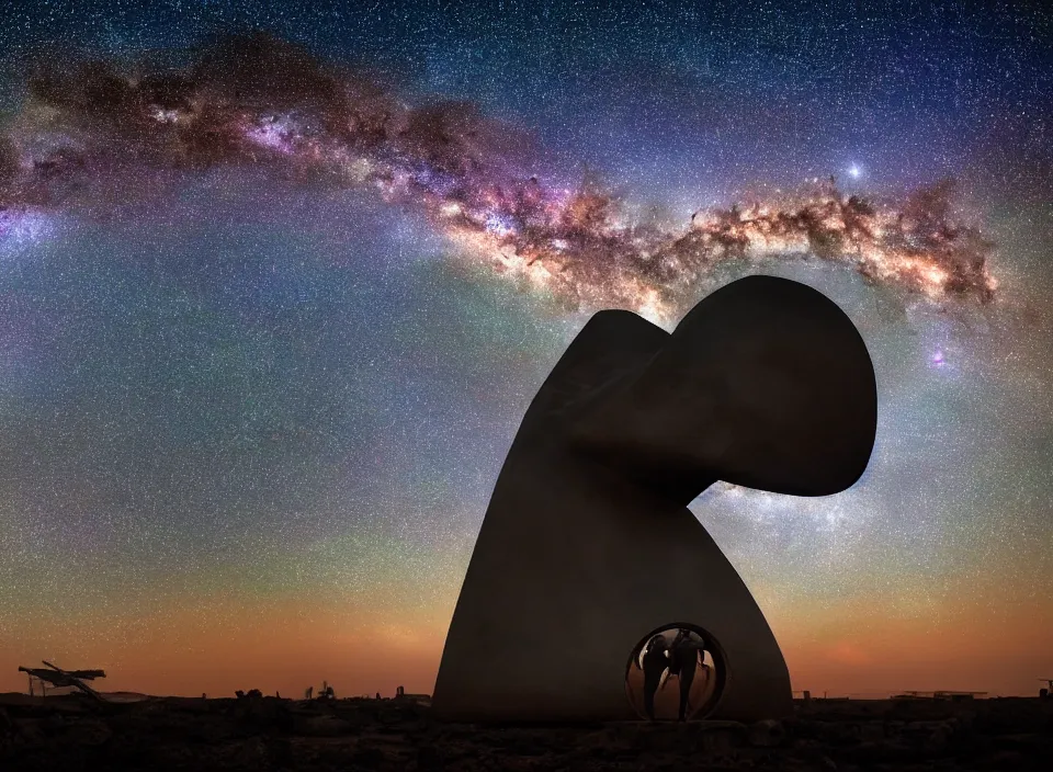 Prompt: Titan-sized resin-epoxy statue of a futuristic warrior with bright lights inside of it in the middle of an ancient nomadic tribal village at night. The Milky Way Galaxy is visible in the night sky along with many constellations and nebulas. Cinematic, Award winning, ultra high resolution, intricate details, UHD 8K