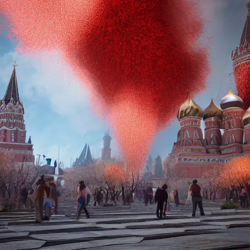 Image similar to huge explosions in the form of white cotton plants in Red Square Kremlin, beautiful dynamic lighting, cinematic, extremely high detail, photo realistic, cinematic lighting, post processed, concept art, artstation, matte painting, unreal engine 8k