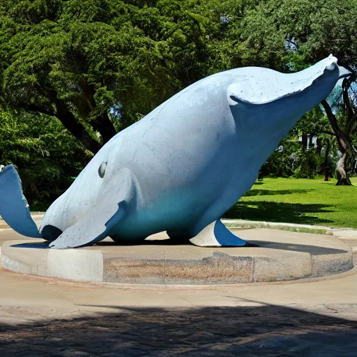 Prompt: huge marble statue of a whale with legs in a public park, hi - res photo