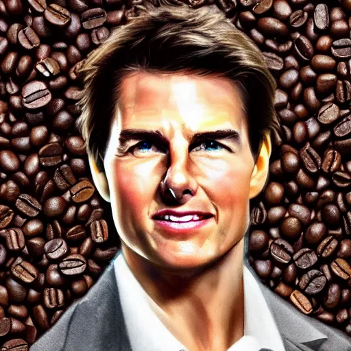 Image similar to tom cruise portrait recreated with coffee beans on a white surface, 8K, detailed, product photo