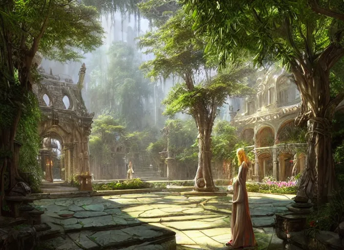 Image similar to a wide open courtyard in a beautiful elven city made of ivory and silver, vivid colors, lush trees, flowers, ponds, fountain, subsurface scattering, volumetric lighting, concept art, fantasy digital painting by James Gurney, by Greg Rutkowski, trending on Artstation, highly detailed