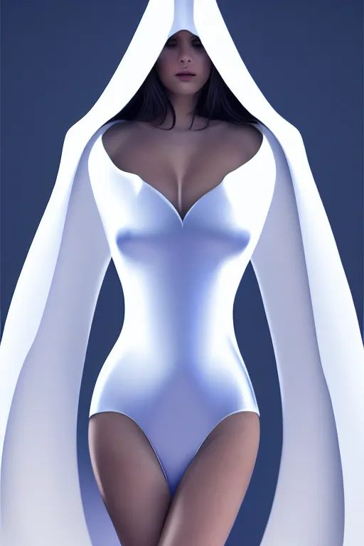 Image similar to photoshot detailed beautiful noun in opened white gold blue coat, seductive confident pose, attractive feminine curves, intricate details, futuristic, alien, elegant cape, elegant, photorealism, trending on artstation, sharp, holy halo, advanced technology, art by moebius and vitaly bulgarov and chanthara