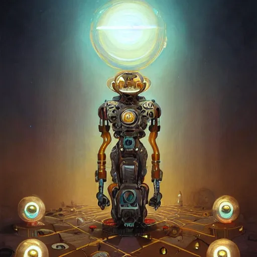 Image similar to a stylistic portrait of a robot god surrounded by small glowing orbs, D&D, fantasy, intricate, smooth, golden hour, artwork by Peter mohrbacher and Wayne barlowe