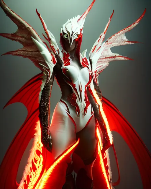 Prompt: flaming red dragon wearing white dove wings, warframe armor, regal, attractive, ornate, sultry, sexy, beautiful, elize theron, pretty face, green eyes, scifi platform, 4 k, ultra realistic, epic lighting, illuminated, cinematic, black gold, art by akihito tsukushi, voidstar