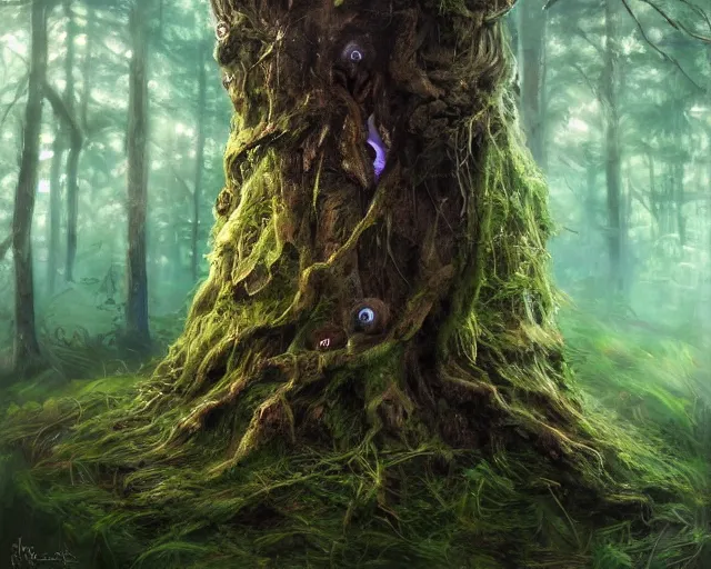 Image similar to a talking tree, a face in the bark, big eyes, in the forest, fantasy concept art, oil painting, whide shot, hyperrealistic, highly detailed, artstation, cgsociety