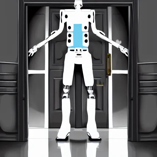 Prompt: an android wearing a white trench coat with 6 arms sticking out of each side, looking out of a doorway. four arms have lazer guns, one has a rifle, and one has a broken piece of a door. dramatic digital art.