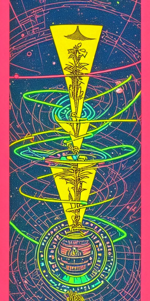 Prompt: 1968 science fiction tarot card, cut out collage, neon Aztec, spring on Saturn, epic theater, deep sea, mountain plants, drawings in part by moebius, part by Ernst Haekl, text by William S Boroughs, written by Michael Ende