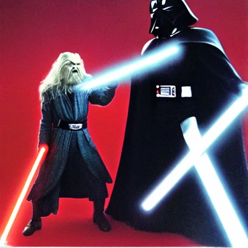 Image similar to gandalf fighting darth vader,