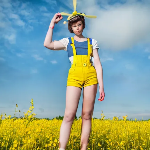 Image similar to misty from pokemon, wearing a yellow crop top and blue denim shorts with red suspenders on top, standing in a field, by gottfried helnwein, dslr full body portrait, sigma 8 5 mm f / 1. 8