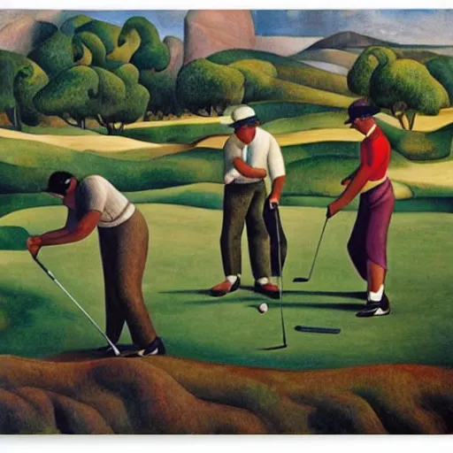 Image similar to Three golfers on a beautiful golf course, by Diego Rivera