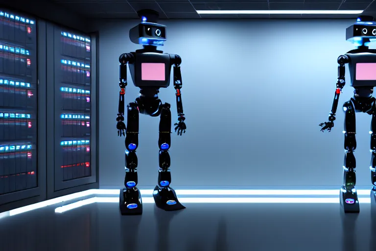 Image similar to full body robot with human mask, background is data server room, neon and dark, illumination ray tracing hdr render in unreal engine 5