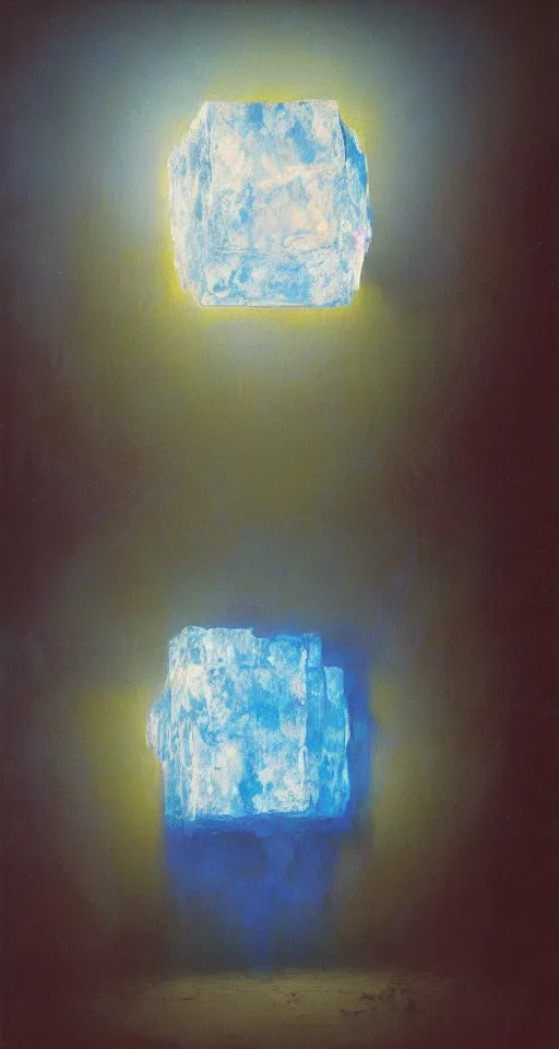 Image similar to a gigantic glowing crystal tesseract orb illuminating a small room, very bright white light, high detailed beksinski painting, part by adrian ghenie and gerhard richter. masterpiece, deep colours, blue